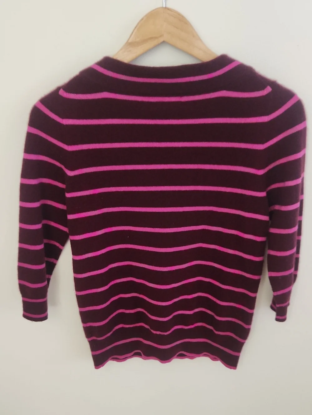J. Crew Italian Cashmere Burgundy and Pink Striped Crewneck Sweater Small